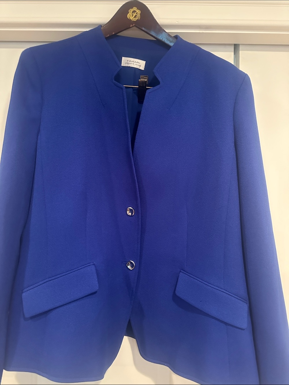 Tahari ASL Cobalt Blue Collarless Two-Button Blazer Pant suit